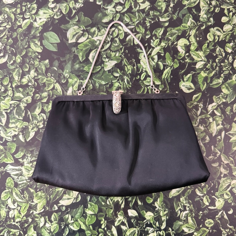 Vintage Black Satin Clutch with Silver Accents